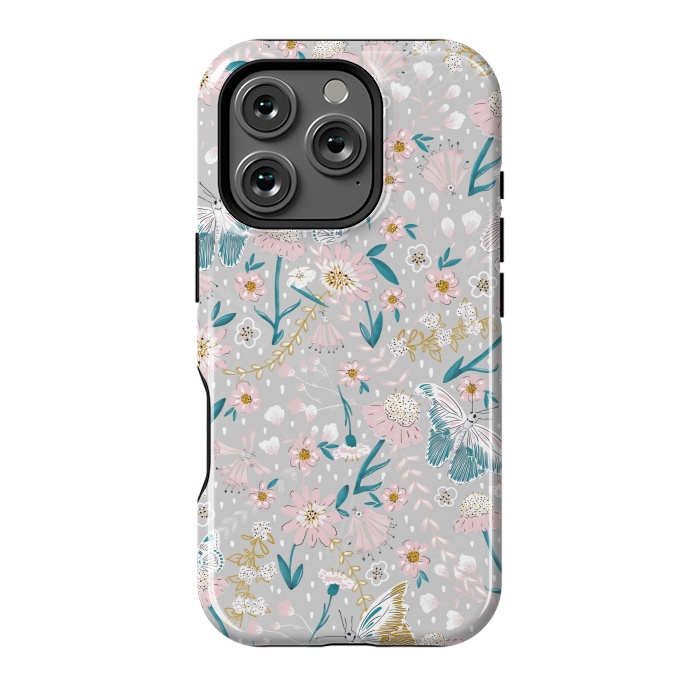 iPhone 16 Pro StrongFit Delicate Daisies and Butterflies half-drop repeat pattern by Paula Ohreen