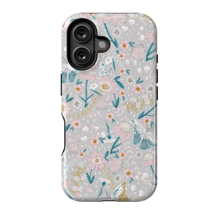 iPhone 16 StrongFit Delicate Daisies and Butterflies half-drop repeat pattern by Paula Ohreen