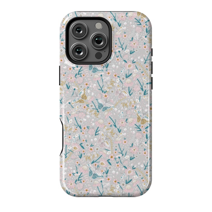 iPhone 16 Pro Max StrongFit Delicate Daisies and Butterflies half-drop repeat pattern by Paula Ohreen