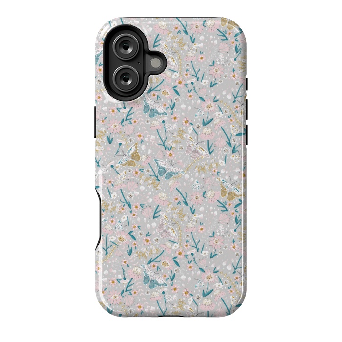 iPhone 16 Plus StrongFit Delicate Daisies and Butterflies half-drop repeat pattern by Paula Ohreen