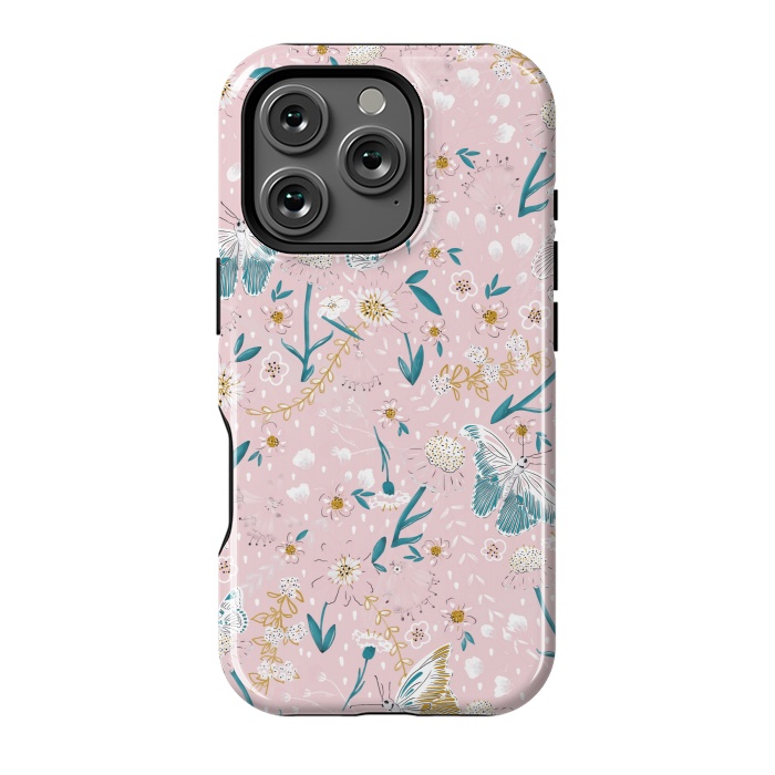 iPhone 16 Pro StrongFit Delicate Daisies and Butterflies half-drop repeat pattern on Pink by Paula Ohreen