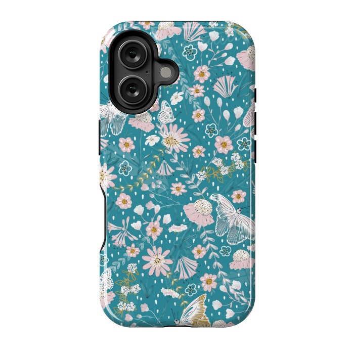 iPhone 16 StrongFit Delicate Daisies and Butterflies half-drop repeat pattern on Blue by Paula Ohreen