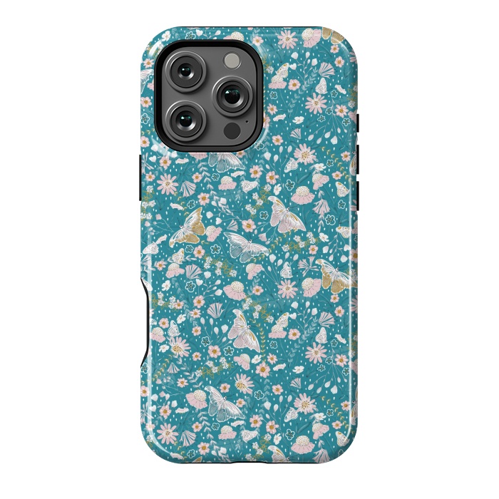 iPhone 16 Pro Max StrongFit Delicate Daisies and Butterflies half-drop repeat pattern on Blue by Paula Ohreen