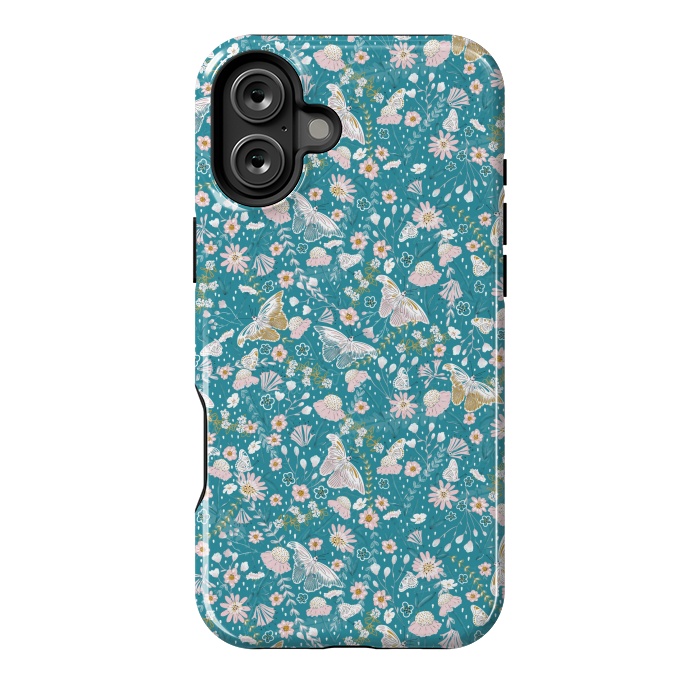 iPhone 16 Plus StrongFit Delicate Daisies and Butterflies half-drop repeat pattern on Blue by Paula Ohreen