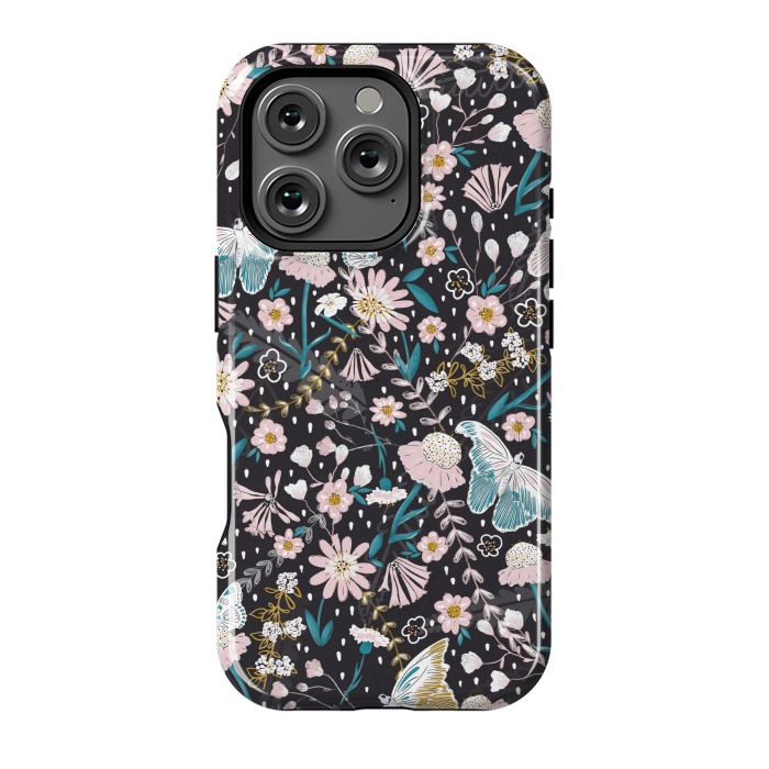 iPhone 16 Pro StrongFit Delicate Daisies and Butterflies half-drop repeat pattern on Black by Paula Ohreen