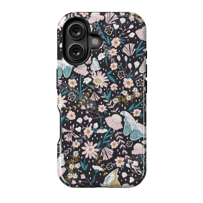 iPhone 16 StrongFit Delicate Daisies and Butterflies half-drop repeat pattern on Black by Paula Ohreen