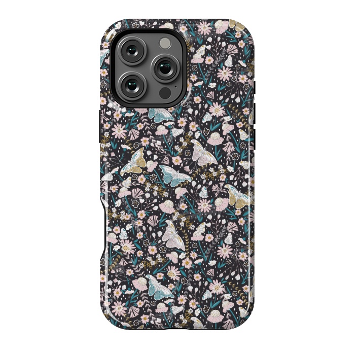 iPhone 16 Pro Max StrongFit Delicate Daisies and Butterflies half-drop repeat pattern on Black by Paula Ohreen