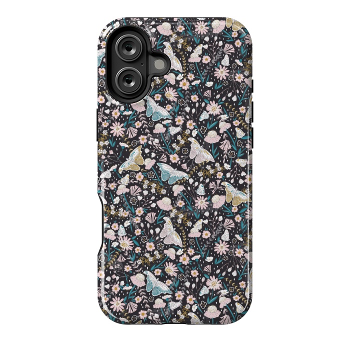 iPhone 16 Plus StrongFit Delicate Daisies and Butterflies half-drop repeat pattern on Black by Paula Ohreen