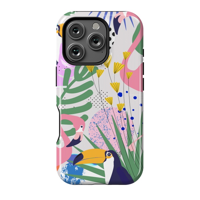 iPhone 16 Pro StrongFit Tropical Spring | Pastel Quirky Modern Bohemian Jungle Botanical | Flamingo Palm Cockatoo Birds by Uma Prabhakar Gokhale