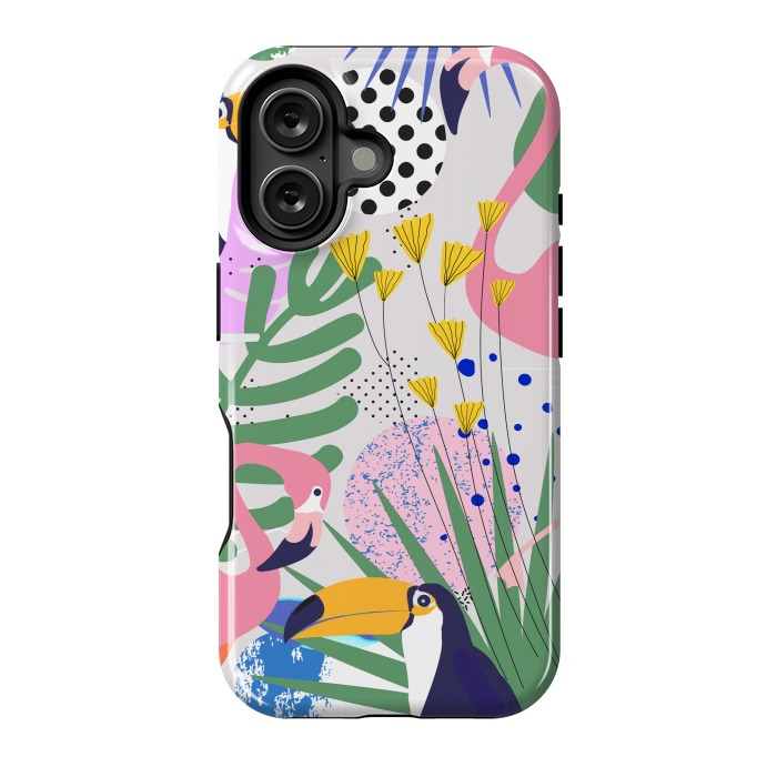 iPhone 16 StrongFit Tropical Spring | Pastel Quirky Modern Bohemian Jungle Botanical | Flamingo Palm Cockatoo Birds by Uma Prabhakar Gokhale