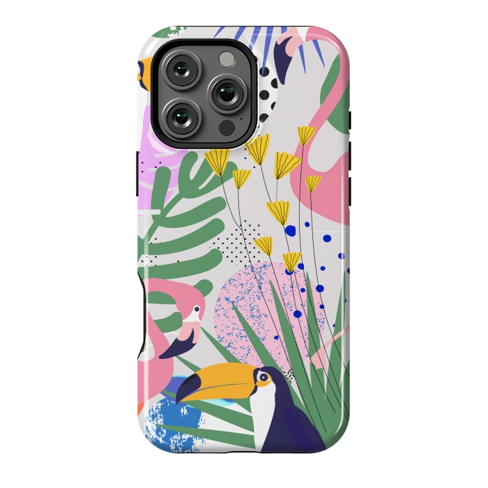 iPhone 16 Pro Max StrongFit Tropical Spring | Pastel Quirky Modern Bohemian Jungle Botanical | Flamingo Palm Cockatoo Birds by Uma Prabhakar Gokhale