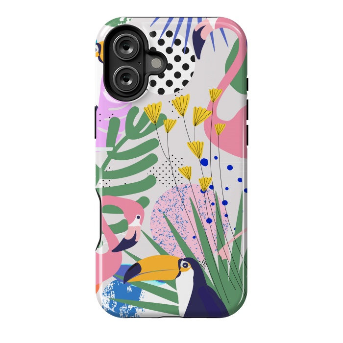 iPhone 16 Plus StrongFit Tropical Spring | Pastel Quirky Modern Bohemian Jungle Botanical | Flamingo Palm Cockatoo Birds by Uma Prabhakar Gokhale