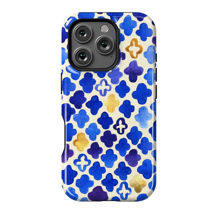 iPhone 16 Pro StrongFit Rustic Watercolor Moroccan in Royal Blue & Gold by Tangerine-Tane