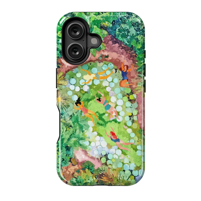 iPhone 16 StrongFit Tropical Vacay | Rainforest Jungle Botanical Lush Nature | Summer Lake People Swim | Boho Painting by Uma Prabhakar Gokhale