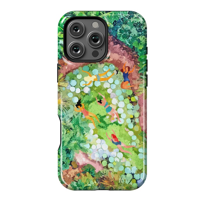 iPhone 16 Pro Max StrongFit Tropical Vacay | Rainforest Jungle Botanical Lush Nature | Summer Lake People Swim | Boho Painting by Uma Prabhakar Gokhale