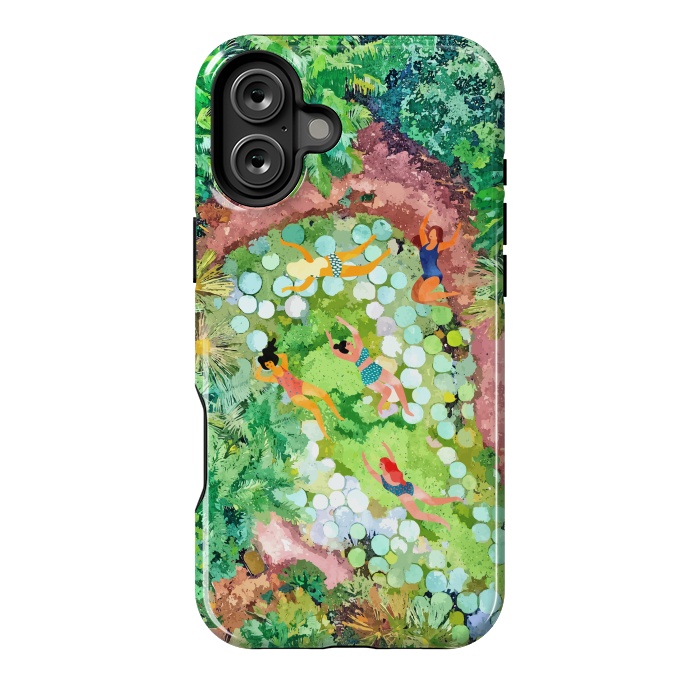 iPhone 16 Plus StrongFit Tropical Vacay | Rainforest Jungle Botanical Lush Nature | Summer Lake People Swim | Boho Painting by Uma Prabhakar Gokhale