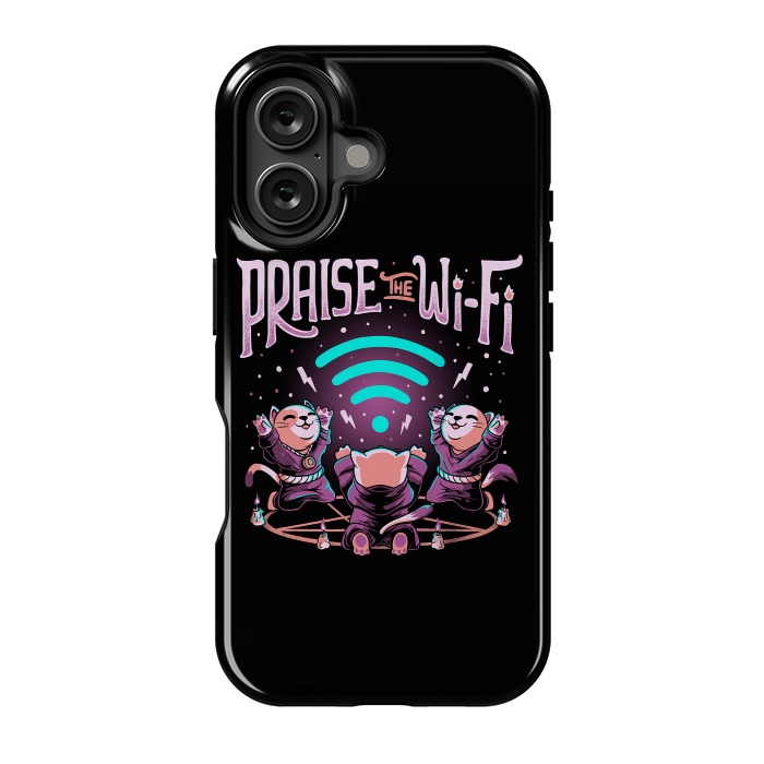 iPhone 16 StrongFit Praise the Wifi Funny Evil Worship Cats by eduely