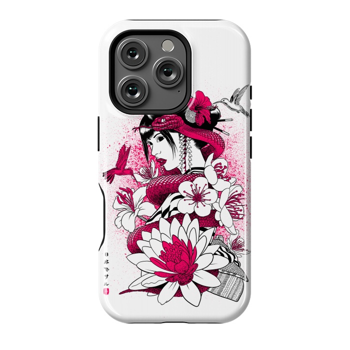 iPhone 16 Pro StrongFit Geisha with snake and hummingbirds by Alberto