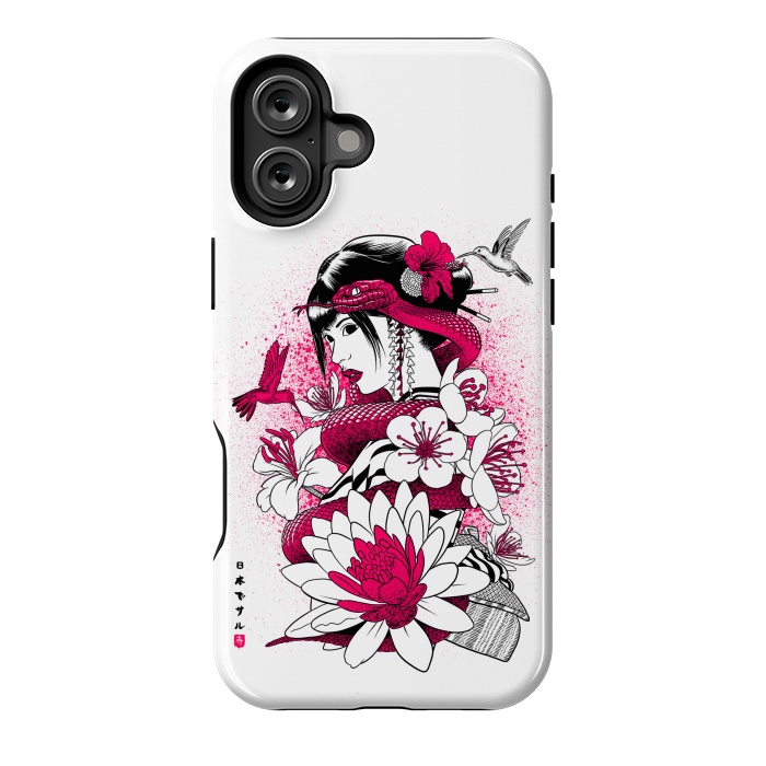 iPhone 16 Plus StrongFit Geisha with snake and hummingbirds by Alberto