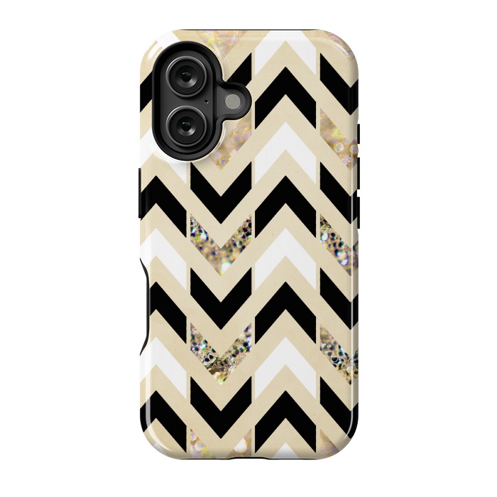 iPhone 16 StrongFit Black, White & Gold Glitter Herringbone Chevron by Tangerine-Tane