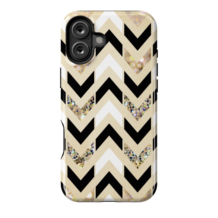 iPhone 16 Plus StrongFit Black, White & Gold Glitter Herringbone Chevron by Tangerine-Tane