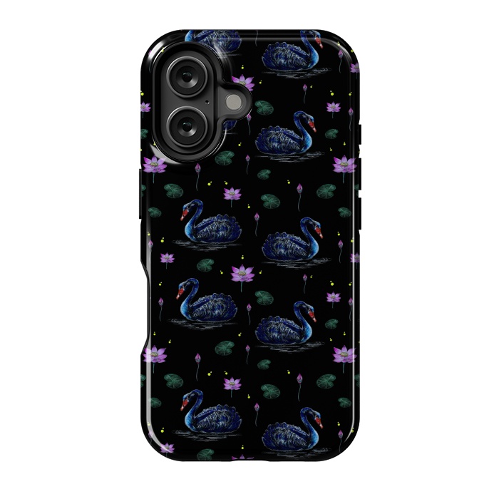 iPhone 16 StrongFit Black Swans in Lily Pond by Negin Mf