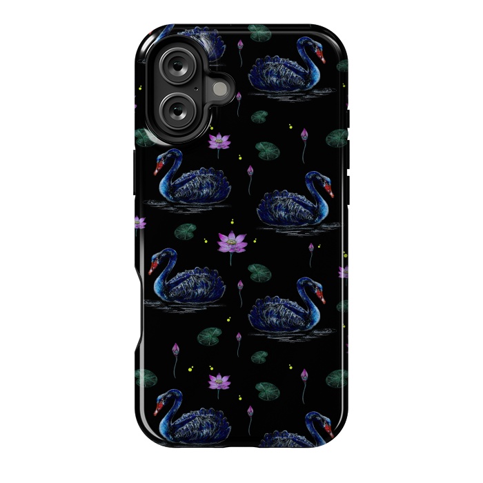 iPhone 16 Plus StrongFit Black Swans in Lily Pond by Negin Mf