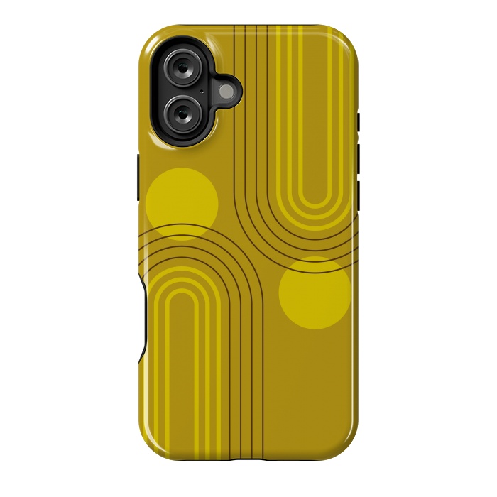 iPhone 16 Plus StrongFit Mid Century Modern Geometric 147 in Old GOld Tones (Rainbow and Sun Abstraction) by nineFlorals