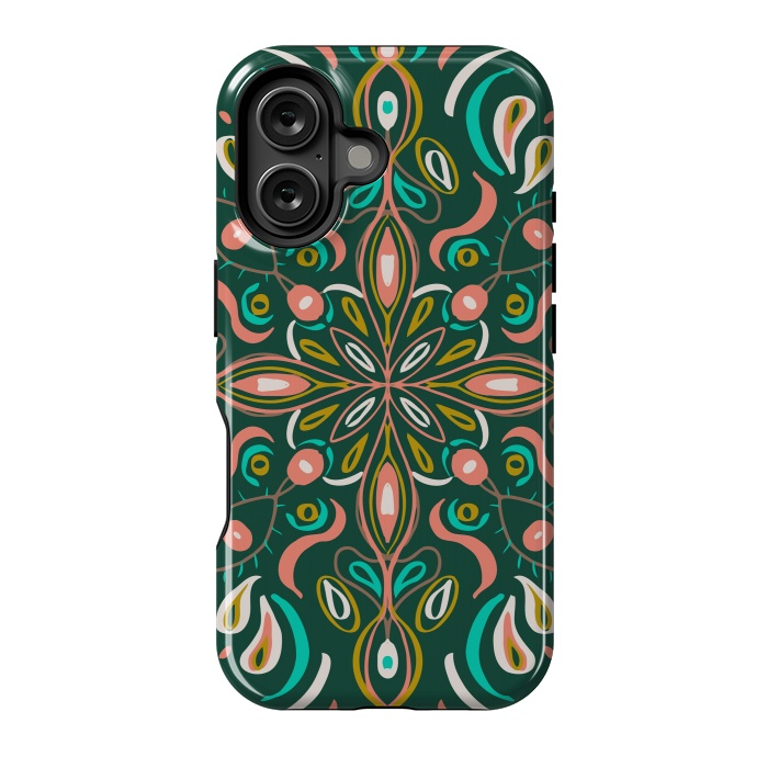 iPhone 16 StrongFit Bold Boho Mandala in Green Coral and Gold by ECMazur 