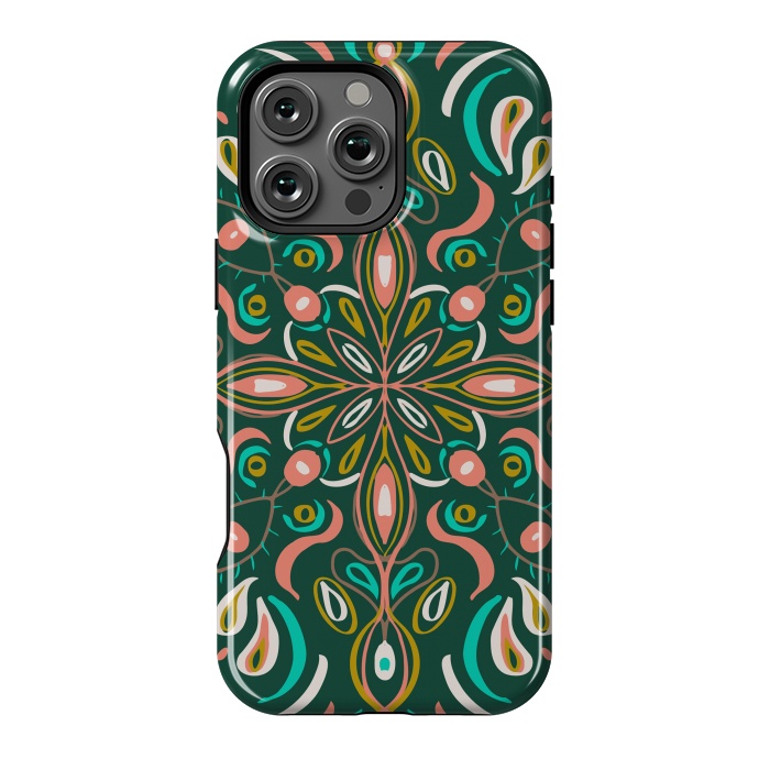 iPhone 16 Pro Max StrongFit Bold Boho Mandala in Green Coral and Gold by ECMazur 