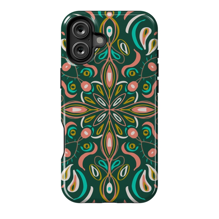 iPhone 16 Plus StrongFit Bold Boho Mandala in Green Coral and Gold by ECMazur 