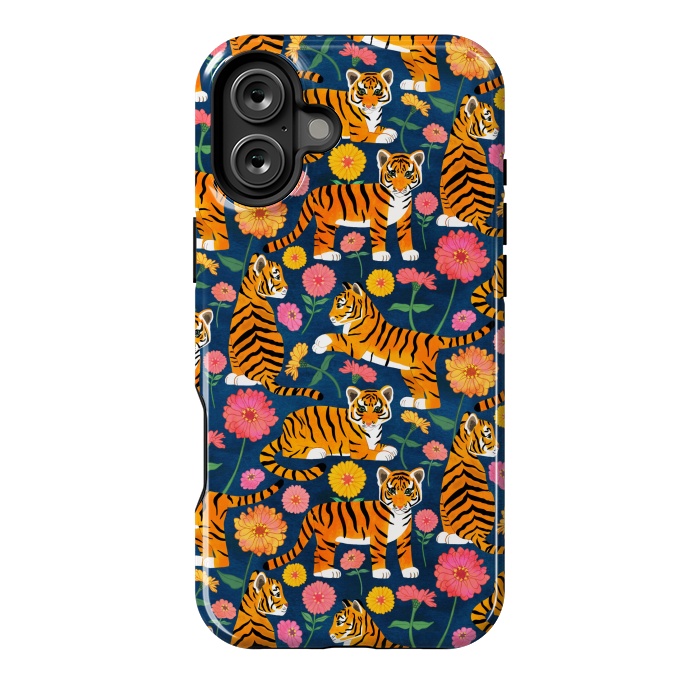 iPhone 16 Plus StrongFit Tiger Cubs and Zinnias by Tangerine-Tane