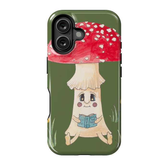 iPhone 16 StrongFit Cute Watercolor Mushroom Reading 1 by ECMazur 