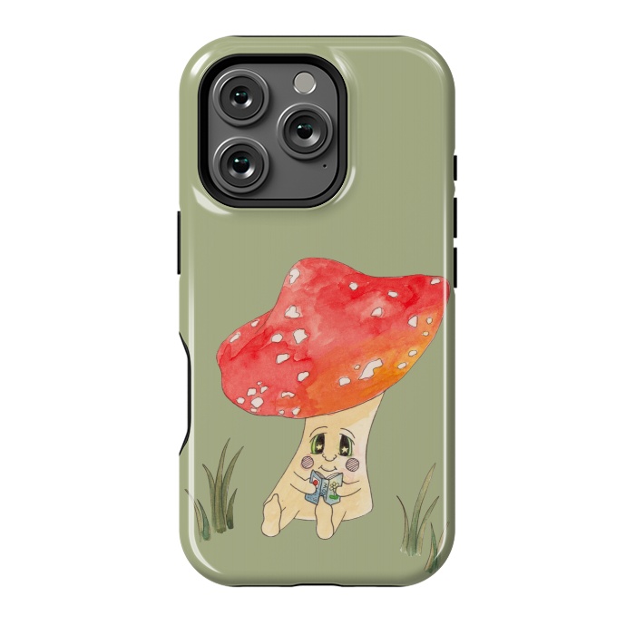 iPhone 16 Pro StrongFit Cute Watercolour Mushroom Reading 4 by ECMazur 