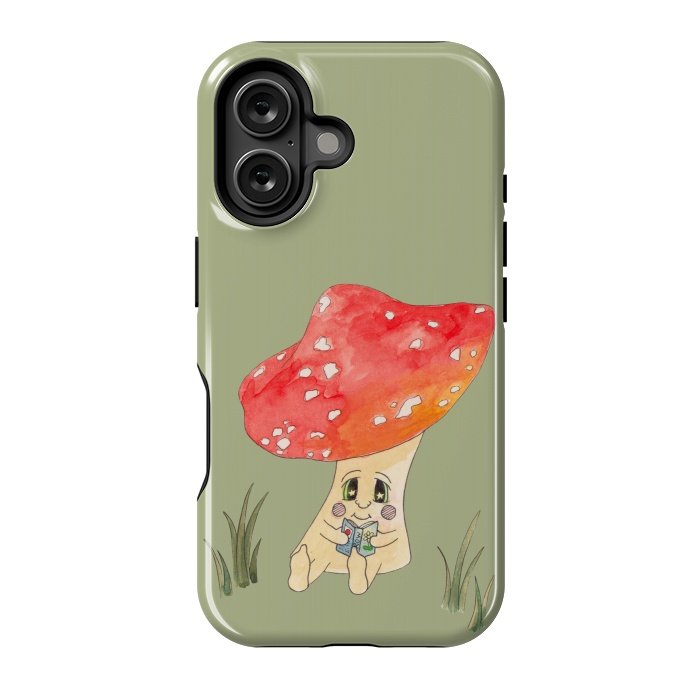 iPhone 16 StrongFit Cute Watercolour Mushroom Reading 4 by ECMazur 