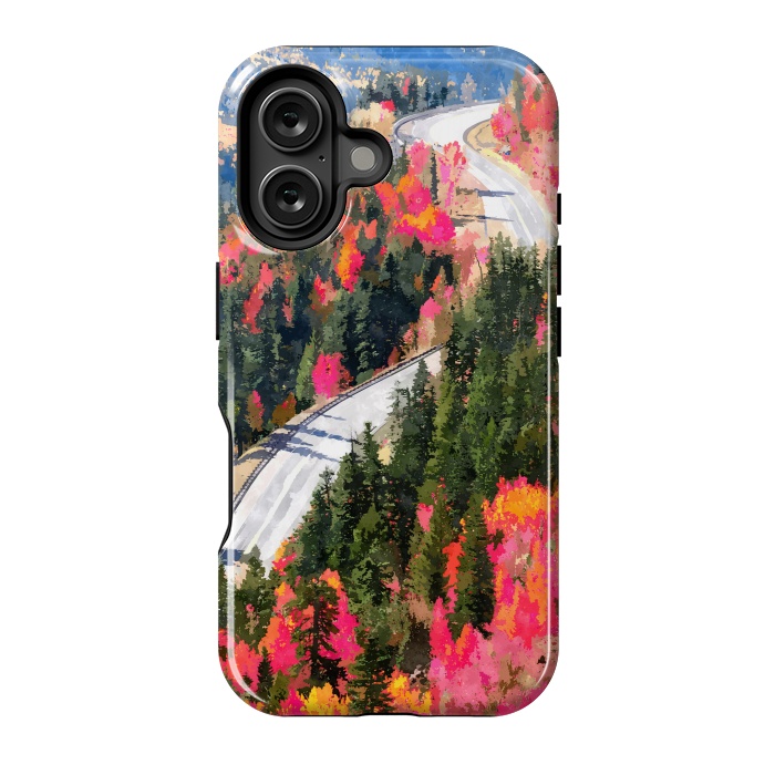 iPhone 16 StrongFit Valley of Pink Trees | Fantasy Pop of Color Forest Nature | Jungle Adventure Road Trip Pine by Uma Prabhakar Gokhale