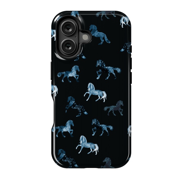 iPhone 16 StrongFit Horse pattern - blue watercolor horses  by Oana 