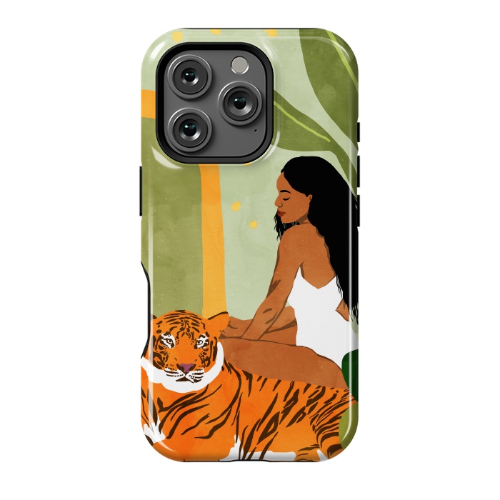 iPhone 16 Pro StrongFit Just You & Me | Tiger Urban Jungle Friendship | Wild Cat Bohemian Black Woman with Pet by Uma Prabhakar Gokhale