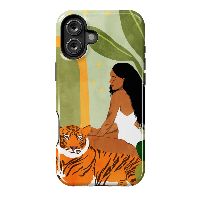 iPhone 16 Plus StrongFit Just You & Me | Tiger Urban Jungle Friendship | Wild Cat Bohemian Black Woman with Pet by Uma Prabhakar Gokhale