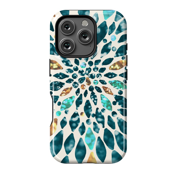 iPhone 16 Pro StrongFit Glitter Dahlia in Gold, Aqua and Ocean Green by Tangerine-Tane