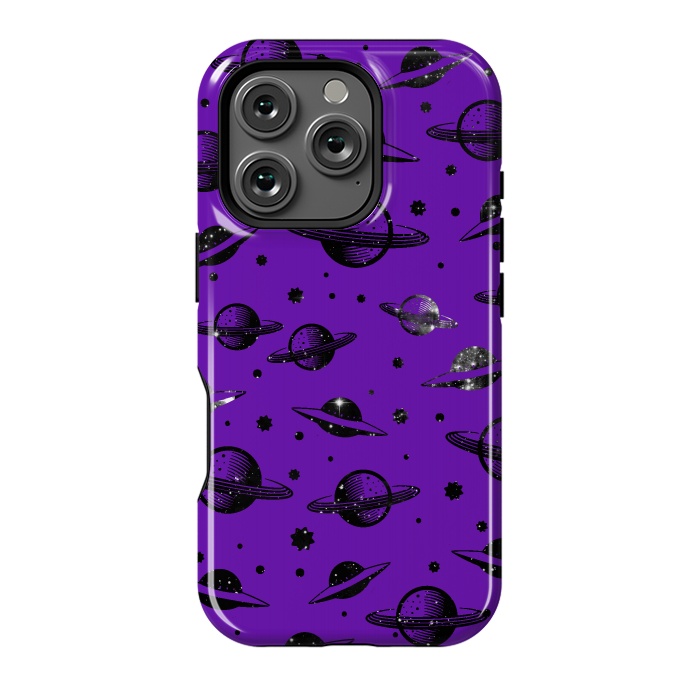 iPhone 16 Pro StrongFit Planets, stars space pattern on purple background by Oana 