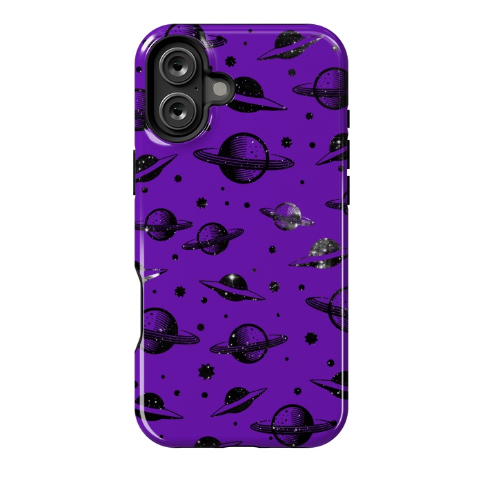 iPhone 16 Plus StrongFit Planets, stars space pattern on purple background by Oana 