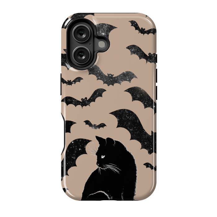 iPhone 16 StrongFit Black cats and night sky bats - Halloween witchy illustration by Oana 