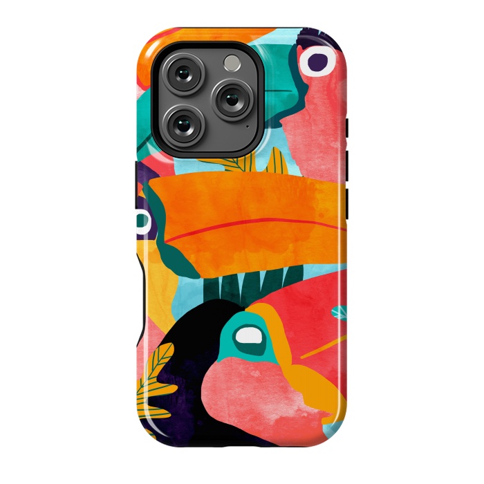 iPhone 16 Pro StrongFit Toucan Flock | Watercolor Modern Bohemian Wildlife Jungle Birds Colorful Painting by Uma Prabhakar Gokhale