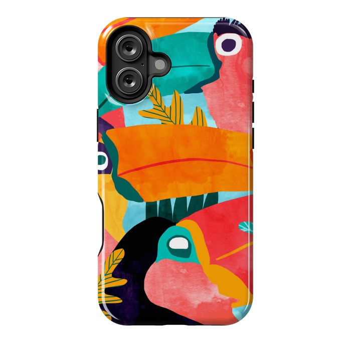 iPhone 16 Plus StrongFit Toucan Flock | Watercolor Modern Bohemian Wildlife Jungle Birds Colorful Painting by Uma Prabhakar Gokhale