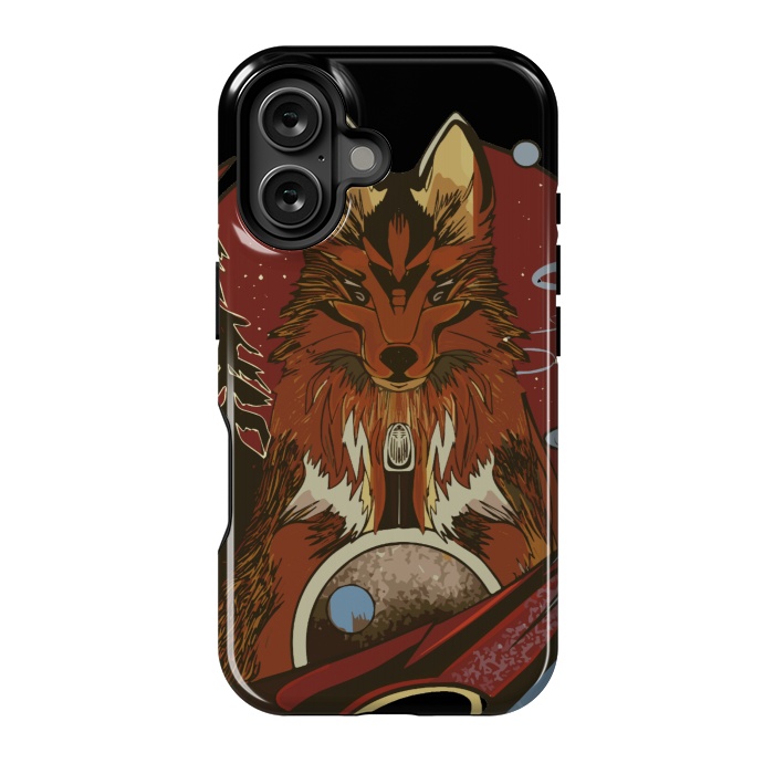 iPhone 16 StrongFit Wolf portrait with pine trees in the back by Josie