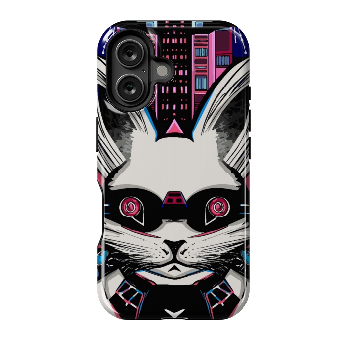 iPhone 16 StrongFit Neon cyberpunk rabbit with glowing eyes background  by Josie