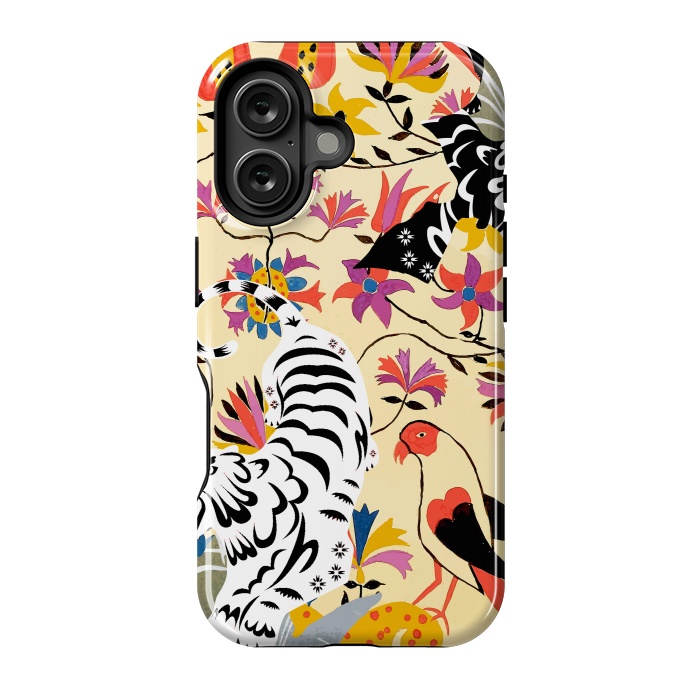 iPhone 16 StrongFit Yin Yang, Vintage Botanical Tiger Jungle, Balance Positivity Peace, Forest Animals Wild Cat by Uma Prabhakar Gokhale