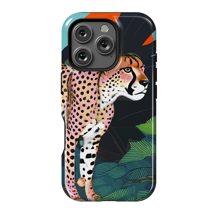 iPhone 16 Pro StrongFit The Cheetah, Tropical Jungle Animals, Mystery Wild Cat, Wildlife Forest Vintage Nature Painting by Uma Prabhakar Gokhale