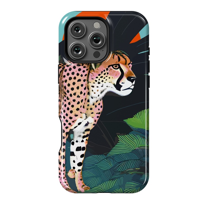 iPhone 16 Pro Max StrongFit The Cheetah, Tropical Jungle Animals, Mystery Wild Cat, Wildlife Forest Vintage Nature Painting by Uma Prabhakar Gokhale